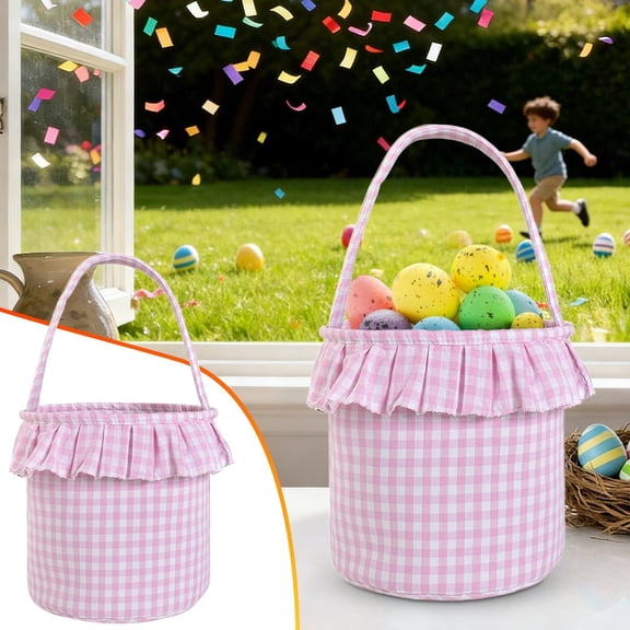 CoreLiving Small Woven Easter Basket with Handle, Gingham Pattern Picnic Basket for Egg Hunt, Candy and Gift Storage, Cute Bunny Basket Alternative for Spring Harvest Decor