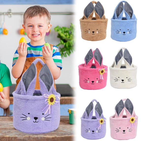 CoreLiving Soft Plush Rabbit Ear Easter Basket, White Canvas Woven Bunny Bucket Tote Bag for Bulk Easter Egg Hunts, Party Decorations, and Candy Gift Storage