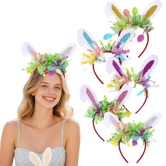 CoreLiving Sparkly Glitter Rabbit Ears Hairband with Colorful Ribbon Non Slip Headbands for Women Easter Day Party Bunny Accessory