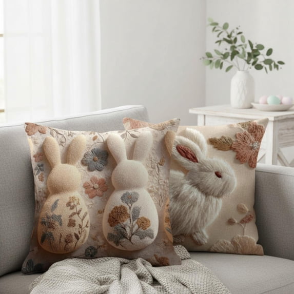 CoreLiving Spring Easter Pillow Covers 18x18 Inch Bunny Rabbit Plush Soft Throw Pillow Cases for Couch Sofa Living Room Farmhouse Decorations Cute Floral Springtime Home Accents Square