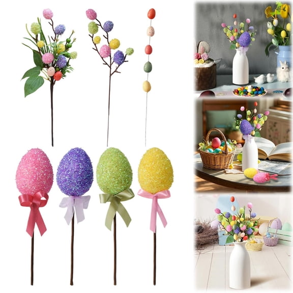 CoreLiving Spring Floral Picks Glitter Easter Eggs on Wooden Stakes for DIY Craft Projects Wreath Decorations Centerpieces Artificial Flowers, Assorted Colors