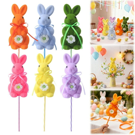 CoreLiving Spring Home Decor Set, Flocked Standing Bunny Rabbit Figurines with Flowers & Stakes, Easter Eggs Accents, 15.7 Inch for Indoor Table Mantel Centerpiece