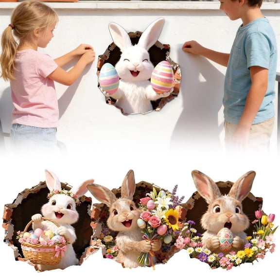 CoreLiving Spring Wall Decals Large 3D Easter Bunny Stickers Lovely Rabbit with Easter Eggs Vinyl Wall Art Removable Colorful Crack Hole Design for Home Decor