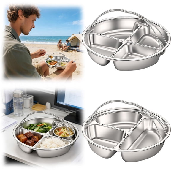 CoreLiving Stainless Steel Divided Plates for Adults with Handle Lightweight Metal Dinner Plate Tray Reusable Portion Control 4 Compartments 1pack