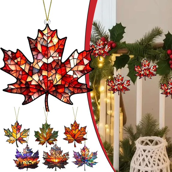 CoreLiving Sunset Forest Silhouette Faux Stained Glass Maple Leaf ...