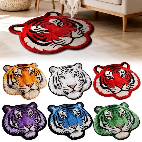 CoreLiving Tiger Head Shaped Tufted Rug, Handmade Plush Animal Print Area Rug with Non Slip Backing, Soft Decorative Vintage Boho Tiger Print Carpet for Bedroom, 1 PC
