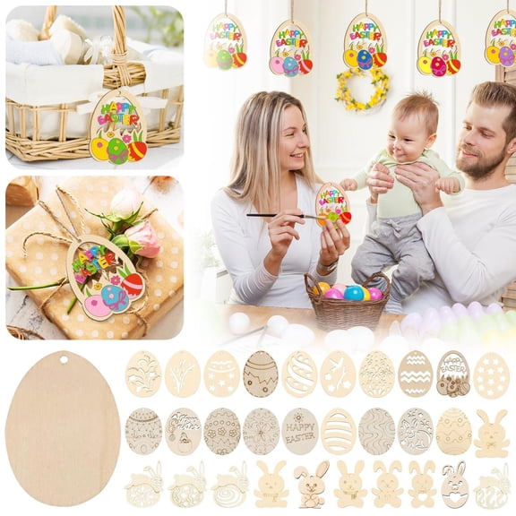 CoreLiving Unfinished Wooden Easter Ornaments for Spring Tree Decorations, Blank DIY Wood Cutouts Shapes Including Bunny Rabbit and Egg for Home Craft Painting