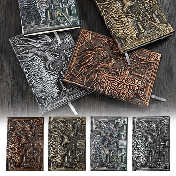 CoreLiving Vintage Handmade Leather Embossed Dragon Notebook A5 Hardcover Travel Journal DND Role Playing Character Sheets Lined Writing Diary Gift for Men Women Grey