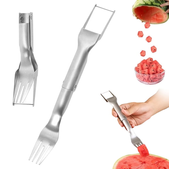 CoreLiving Watermelon Cutter Slicer Tool, Dual Head Stainless Steel Fruit Fork Slicer, Handheld One Second Melon Cutter for Quick Cubing, Versatile Gadget, 4PC