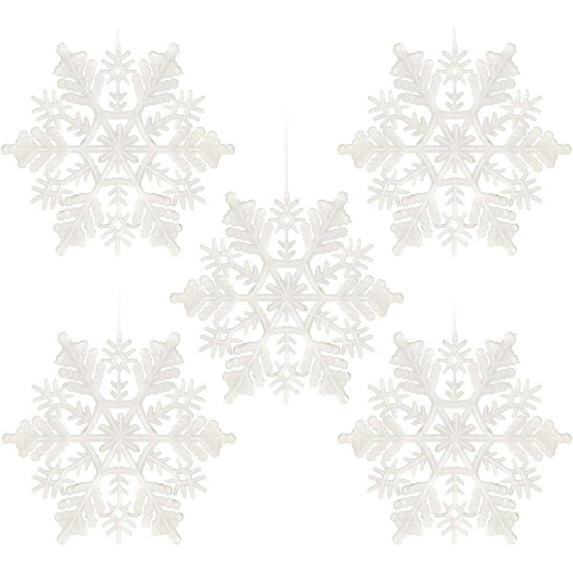 CoreLiving White Glitter Snowflake Ornaments - 12 Pcs Plastic Snowflake Decorations, Large Snowflakes for Winter Wonderland, Hanging Ceiling and Tree Decor for Holiday Crafts