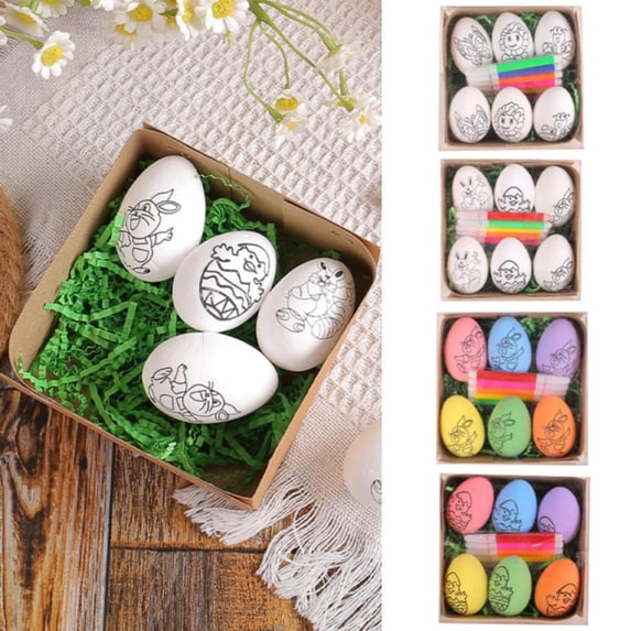 CoreLiving White Plastic Easter Eggs with Paint Markers for DIY Crafts, Large Empty Hanging Eggs for Adult Art Projects, 6 Count for Holiday Home Decoration