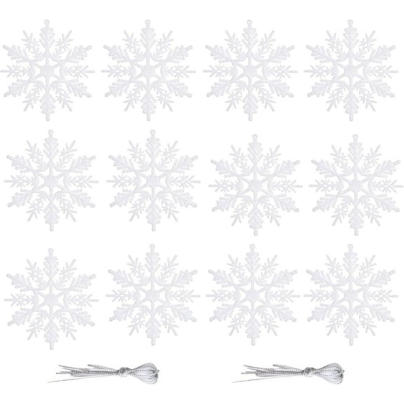 CoreLiving White Plastic Snowflake Ornaments, Snowflake Ornament Set with Hanging Strings, Winter Decor for Christmas Tree, Ceiling, and Mini Tree Decorations, 12-Pack for Winter Wonderland
