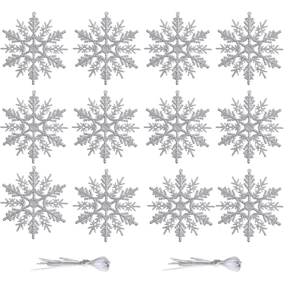 CoreLiving Winter Snowflake Ornaments 12-Pack, Hanging Plastic Snowflakes Decorations for Christmas Tree and Ceiling, Fake Snowflake Ornament Set for Indoor Winter Wonderland Decorating