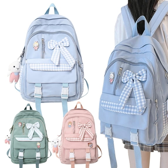 CoreLiving Women's Kawaii Bowknot Casual Daypack Backpack with Plush Pin and Bow Pendant Accessories for Women Aesthetic, Water Resistant Lightweight Laptop Bag, Blue