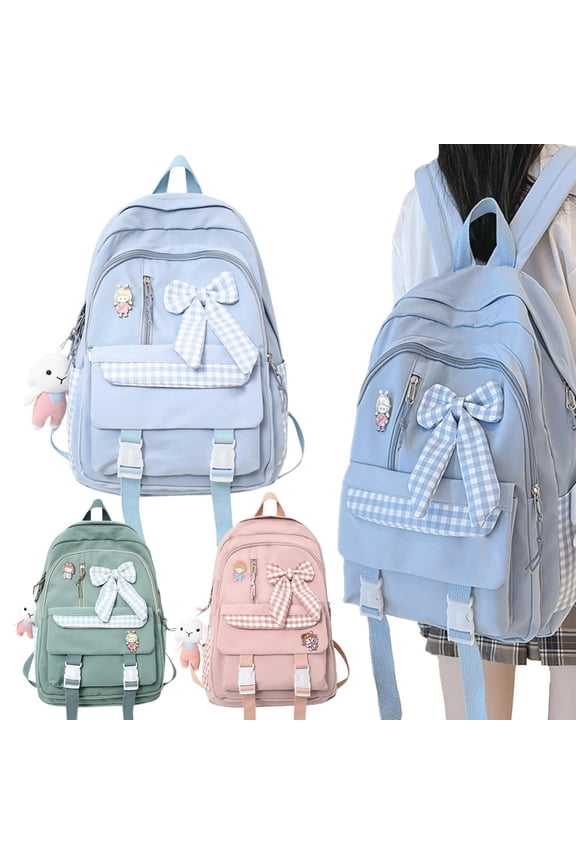 Women's Kawaii Bowknot Casual Daypack Backpack with Plush Pin and Bow Pendant Accessories for Women Aesthetic, Water Resistant Lightweight Laptop Bag, Blue