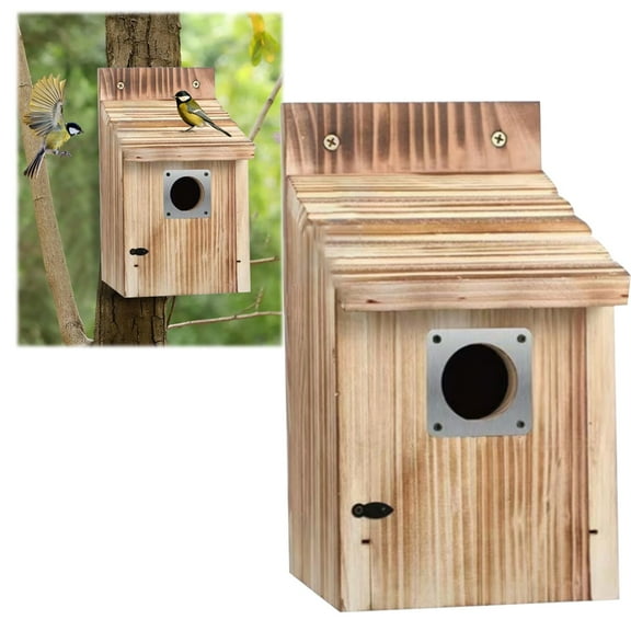CoreLiving Wooden Bird Houses for Outside with Metal Predator Guard, Carbonized Finish Sturdy Nesting Box for Bluebird Wren Swallow Finch, Easy to Clean Outdoor Birdhouse, 1 Pack