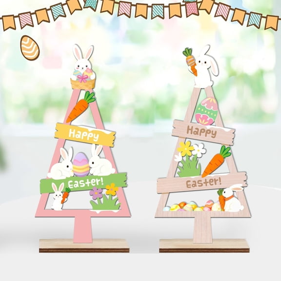 CoreLiving Wooden Easter Bunny Decorations Happy Easter Sign Rabbit Block for Tiered Tray Table Centerpiece Rustic Farmhouse Spring Wood Decor Indoor for Kitchen Shelf Office Mantel Party