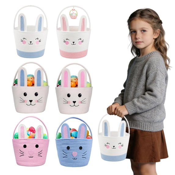 CoreLiving Woven Easter Basket for Toddler Girls Boys with Handle Bunny Easter Basket Empty for Easter Egg Hunt and Gifts Spring Holiday Party Favor Container