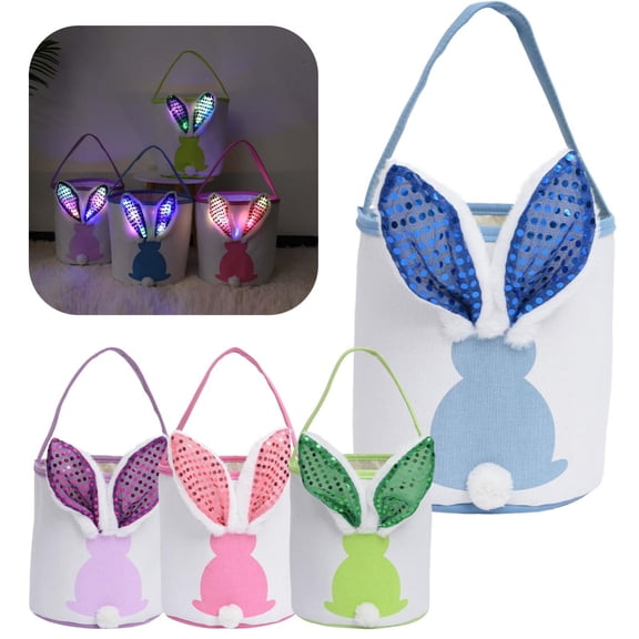 CoreLiving Woven Style Canvas Easter Bunny Baskets Empty with Lights and Sturdy Handles, Large Tote Bags for Egg Hunt Candy Holders Easter Party Decorations Storage Containers