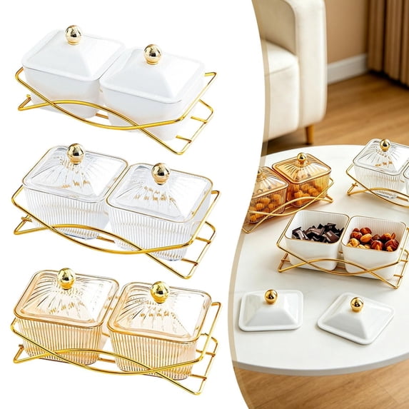 CoreLiving Yellow Serving Bowls with Lid and Gold Metal Base, Removable Snack Box and Veggie Tray for Charcuterie, Nuts and Condiments, Modern Fruit Bowl