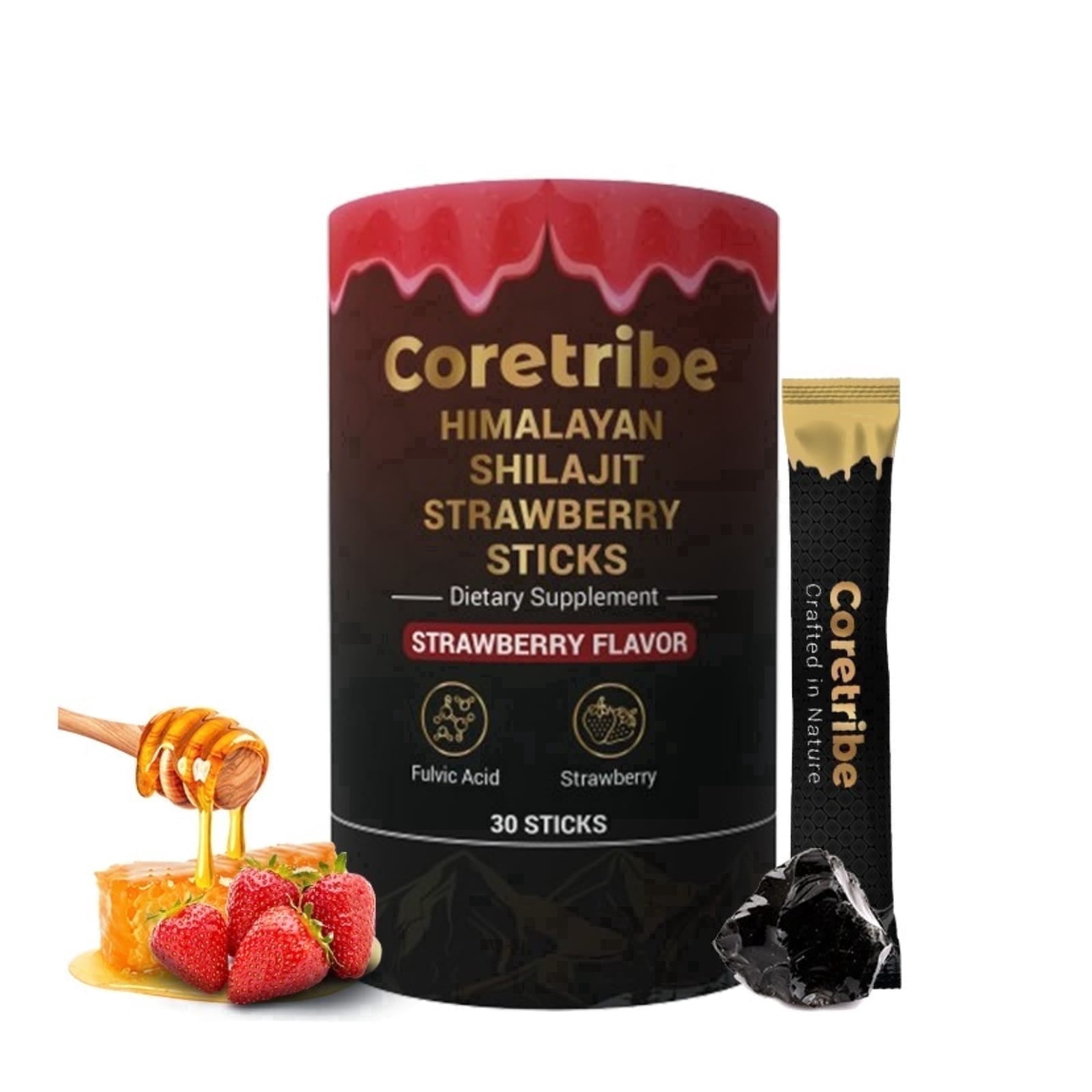 CoreTribe® Shilajit Resin, Strawberry Honey Sticks—Energy, Immunity, Fulvic Acid Men and Women 30 Sticks