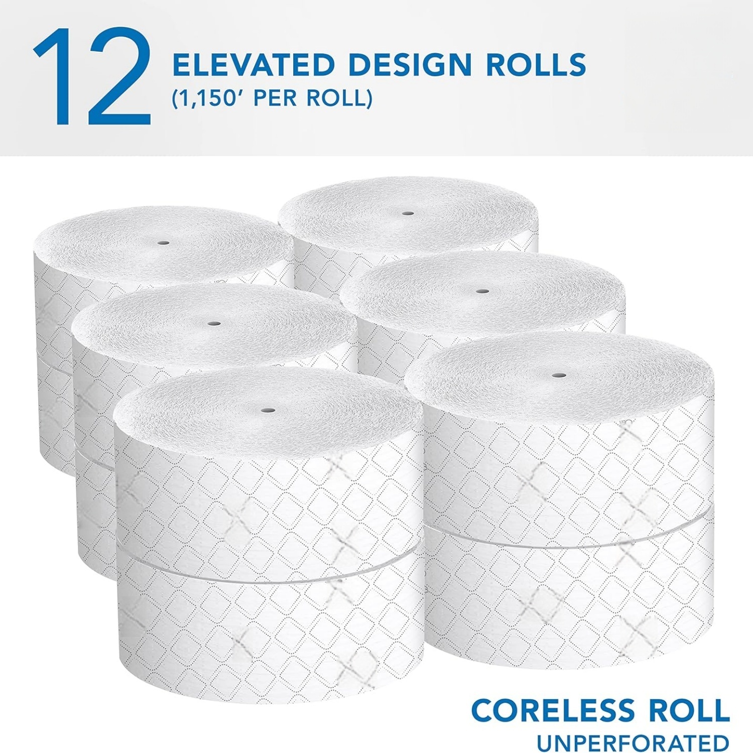 Coreless High-Capacity Jumbo Roll Bulk Toilet Paper (07006), 2-Ply, Elevated Design, White (12 Rolls at 1,150' Each, 13,800'/Case)
