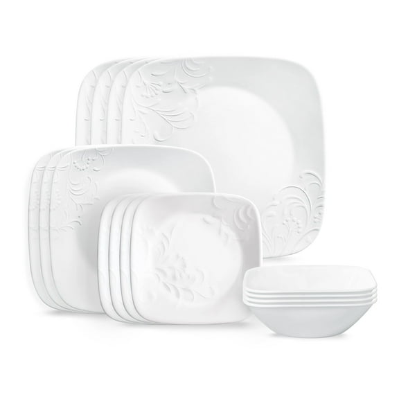 Corelle Cherish 16-Piece Embossed Square Glass Dinnerware Set (Service for 4)