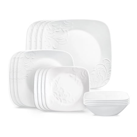 Corelle Cherish 16-Piece Embossed Square Glass Dinnerware Set (Service for 4)