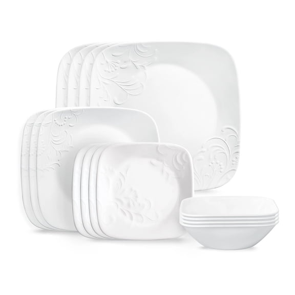 Corelle Cherish 16-Piece Embossed Square Glass Dinnerware Set (Service for 4)