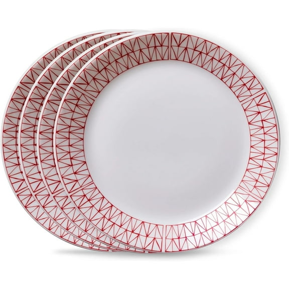 Corelle Graphic Stitch 4-Piece Set of 10.5-Inch Dinner Plates, Service for 4, Red and White Plates