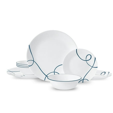 Corelle Lia, White and Blue Round 12-Piece Dinnerware Set