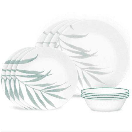 Corelle 12-Piece Mugless Dinnerware Set, Round, Classic Solar Print Lightweight Chip-Resistant Vitrelle Glass Plates & Bowls, Microwave, Dishwasher & Oven Safe