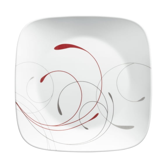 Corelle Splendor Square 10.5 Inch Glass Dinner Plate, Classic Gray and Red Design