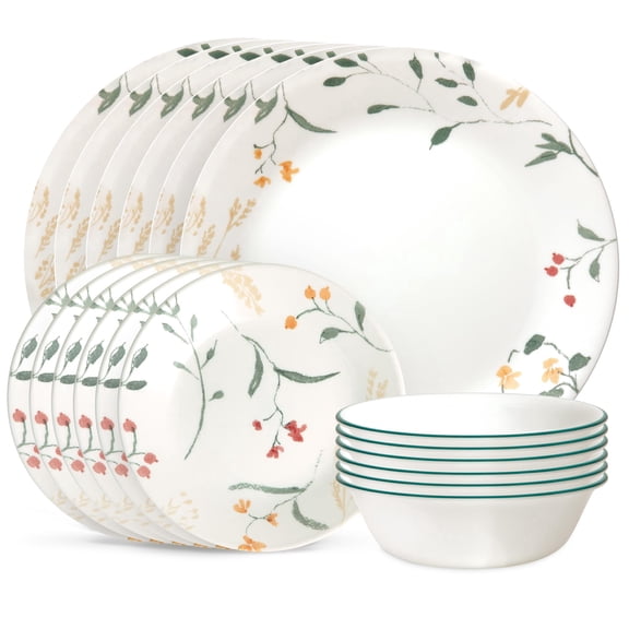 Corelle Vitrelle Wildflower 18-Piece Dinnerware Set, Service for 6, Triple Layer Glass