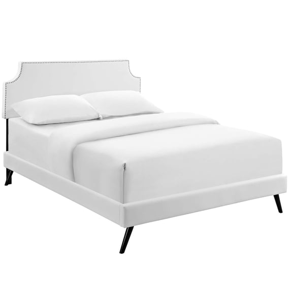 Corene Queen Vinyl Platform Bed with Round Splayed Legs - White
