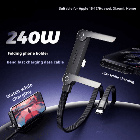 Coretek StandLite 240W Fast Charging USBC Cable, Foldable TShape Phone Stand, 90 Right Angle Braided Charger Cord, Compatible for Smartphone, Tablet, Laptop, Gaming