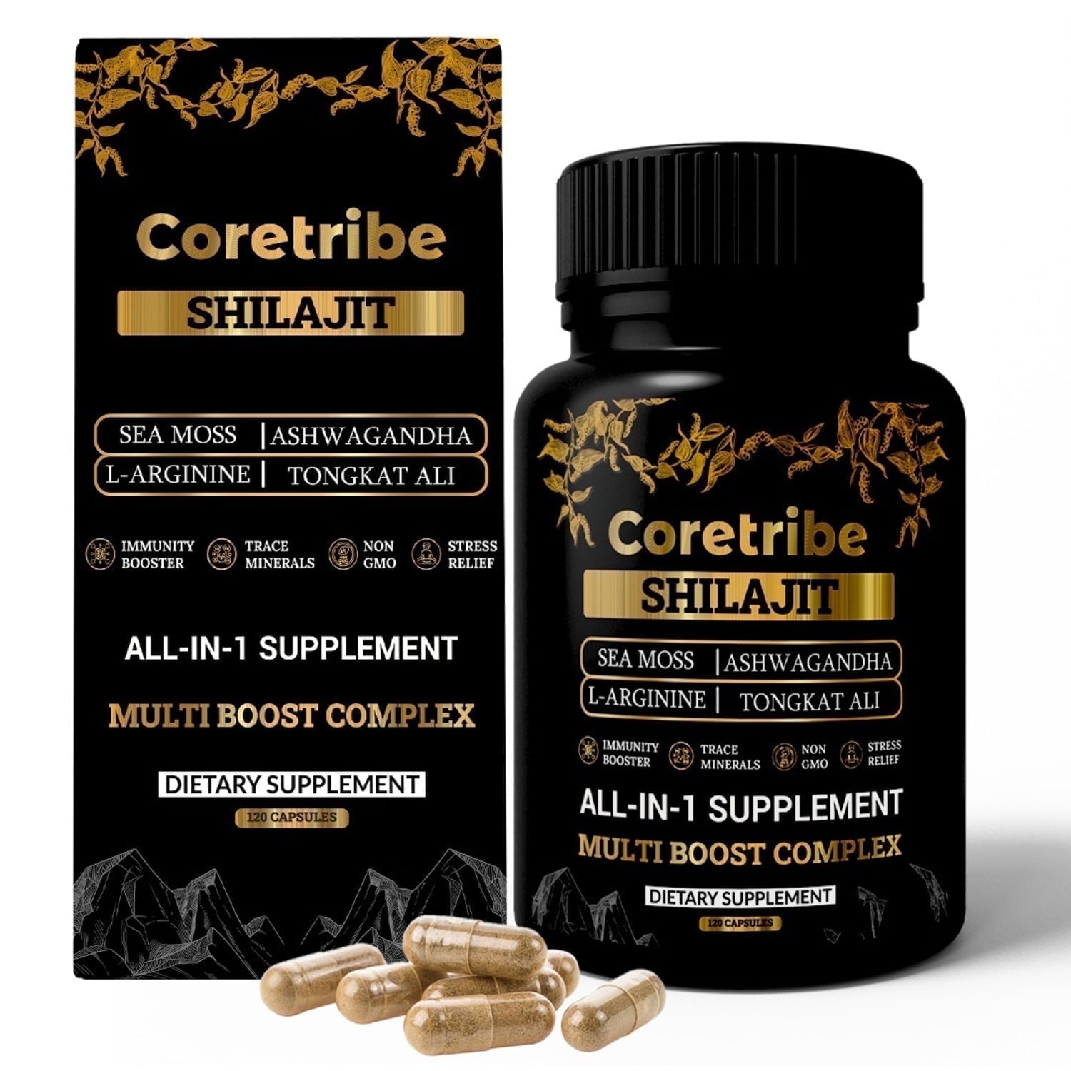 Coretribe Royal Shilajit Sea Moss Stamina Supplement with Ashwagandha, Tongkat Ali 400mg, Maca Root, Ginseng, Libido & Testosterone Booster for Energy Support (120 Capsules)