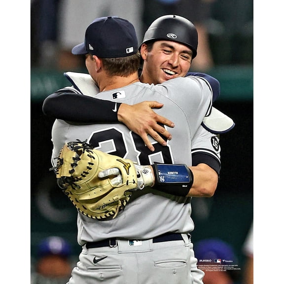 Corey Kluber New York Yankees Unsigned Embracing No-Hitter with Kyle Higashioka Photograph