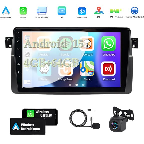 Corfhy 4+64G Android 15 Radio for BMW 325i 330i M3 E46 1998-2006, 9-inch with Wireless CarPlay & Android Auto,Built-in GPS, Steering Wheel Control
