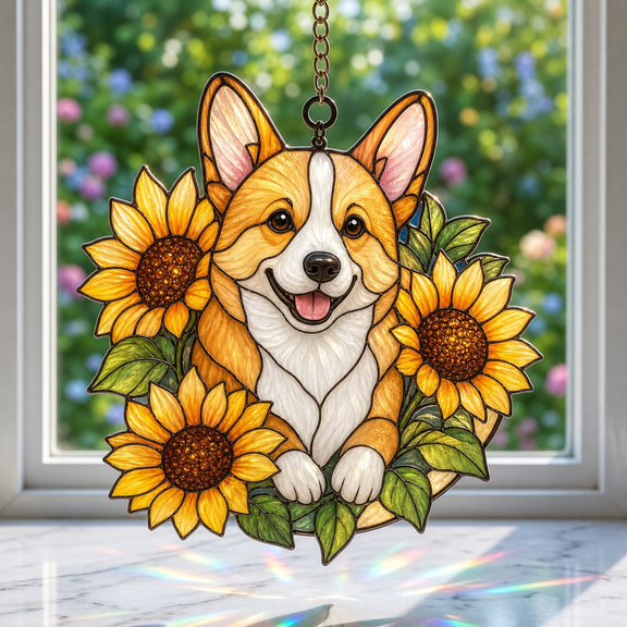 Corgi Acrylic Suncatcher Window Hanging with Sunflowers, Cheerful Gift for Dog Lovers