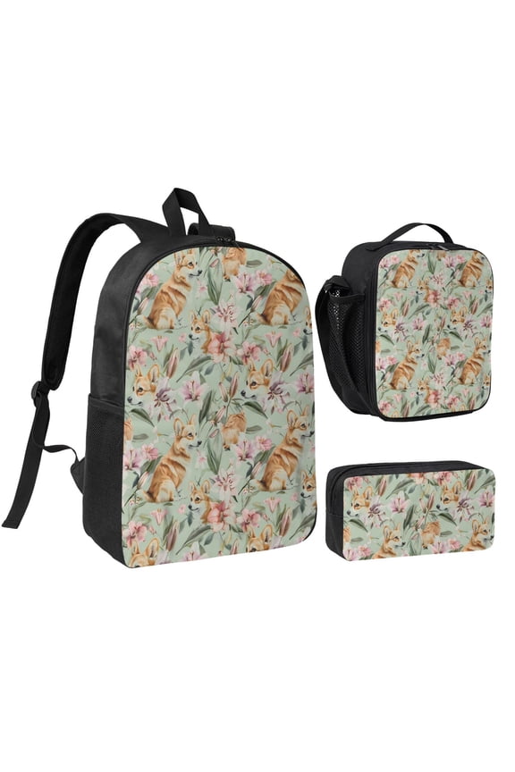 Corgi And Flower Backpack Set 3pc ,Backpack with Lunch Bag and Bag 17 Inch