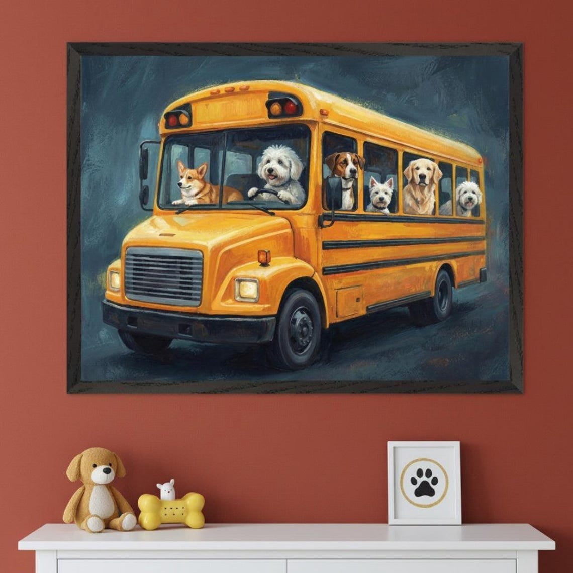 Toy Riding Bus Corgi And Golden Retriever Riding Yellow School Bus Wall Art, Whimsical ...