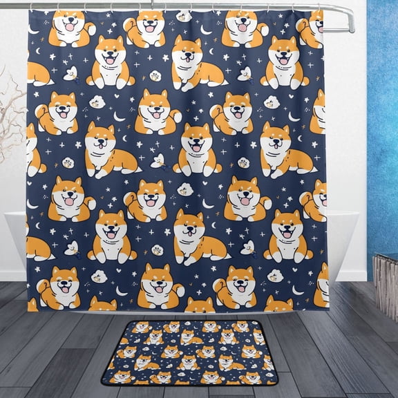 Corgi Bathroom Accessory Sets Waterproof Shower Curtain with Absorbent Non-Slip Rug