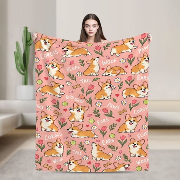 Corgi Blanket Cute Dog Floral Flannel Throw Blanket Gift for Corgi Lovers Women and Dog Moms 50x40 in