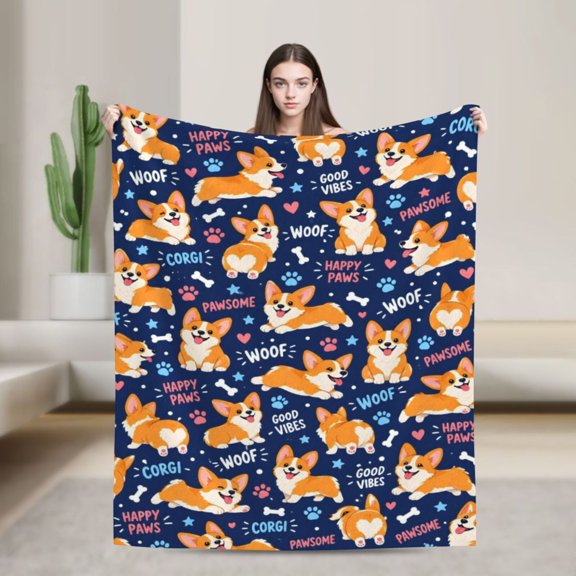 Corgi Blanket with Cute Paw Prints Bones and Playful Dog Sayings 50x40 in