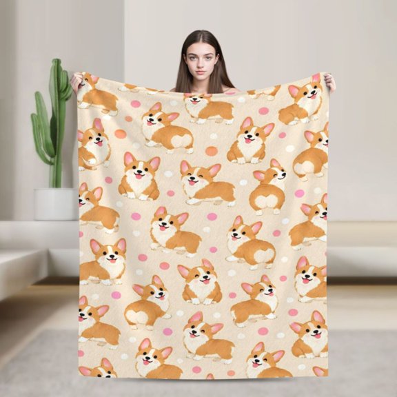 Corgi Blanket with Cute Puppy Illustrations and Colorful Pastel Polka Dots 50x40 in
