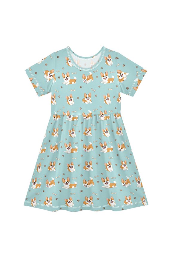 Corgi Bone Short Sleeve Dress A-Line Cute Midi Casual Sundress 2-8 Years
