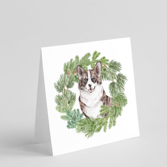 Corgi Brindle with Christmas Wreath Square Greeting Cards and Envelopes Pack of 8 5 in x 5 in