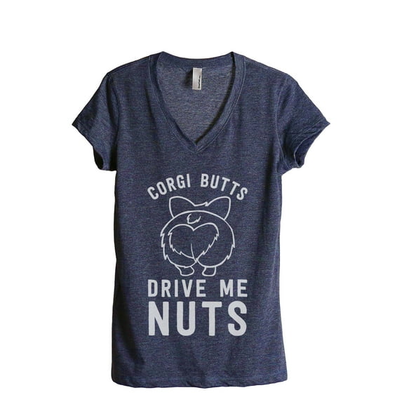 Corgi Butts Drive Me Nutts Women's Fashion Relaxed V-Neck T-Shirt Tee Heather Navy Medium