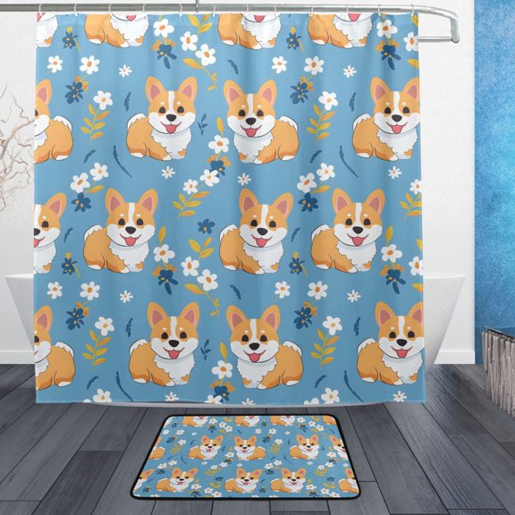 Corgi Cartoon Pattern Bathroom Accessory Sets Waterproof Shower Curtain with Absorbent Non-Slip Rug